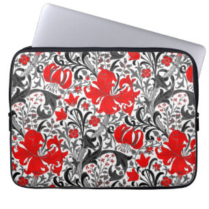 Housse Pour Ordinateur Portable William Morris Iris et Lily, noir, blanc et rouge