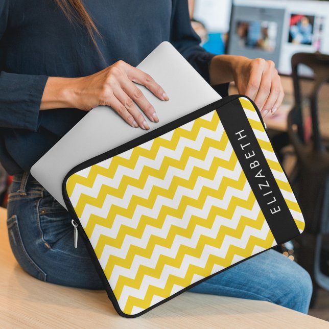 Housse Pour Ordinateur Portable Zigzag Jaune, Chevron Jaune, Votre Nom (Créateur téléchargé)