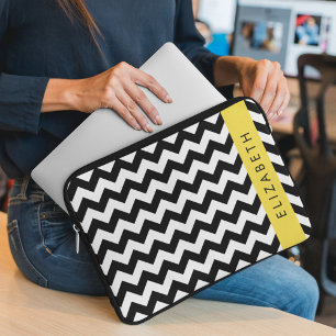 Housse Pour Ordinateur Portable Zigzag noir et blanc, Motif Chevron, Votre nom