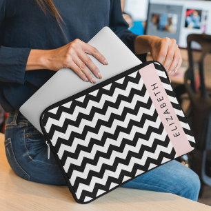 Housse Pour Ordinateur Portable Zigzag noir et blanc, Motif Chevron, Votre nom