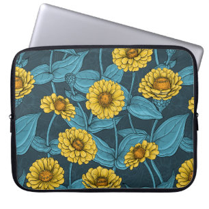 Housse Pour Ordinateur Portable Zinnias jaune sur bleu foncé