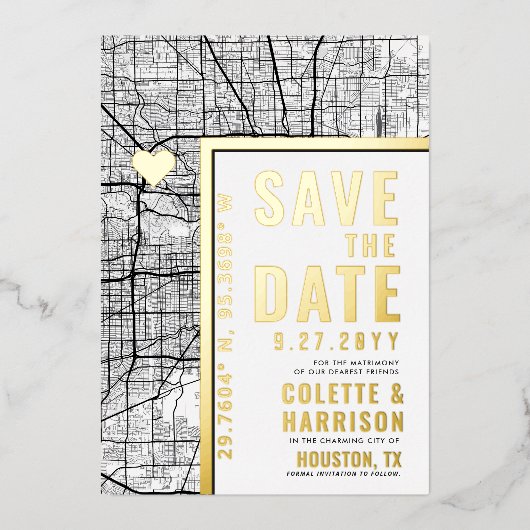 Houston Love Locator | Bruiloft Bewaar de datum Folie Uitnodiging (Voorkant)