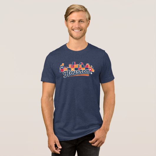 Houston Skyline Patchwork Navy Tri-Blend Shirt (Voorkant volledig)