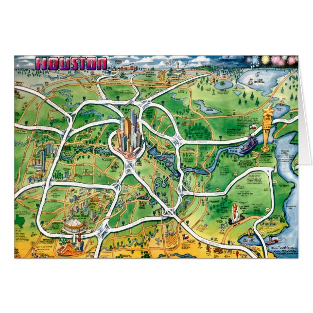 Houston Texas Cartoon Map (Voorkant Horizontaal)