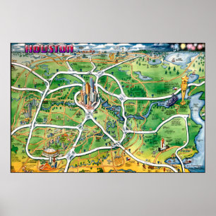 Houston Texas Cartoon Map Poster