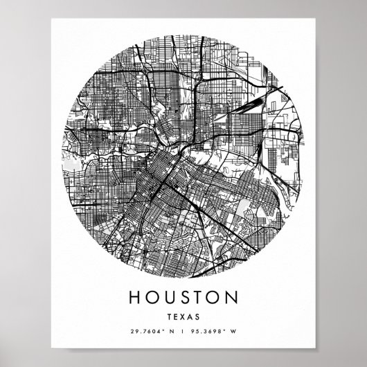 Houston Texas Minimal Modern Circle Street Map Poster (Voorkant)
