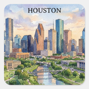 Houston Texas Retro Watercolor Kunstwerk Vierkante Sticker