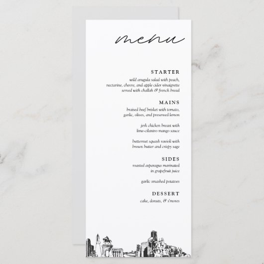 Houston Texas Skyline Modern Mariage Dinner Menu (Devant / Derrière)