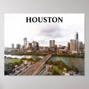 Houston Texas Vintage Travel City Waterverf Poster