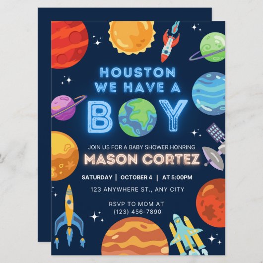 Houston We Have A Boy Outer Space Invitation Baby  (Voorkant / Achterkant)