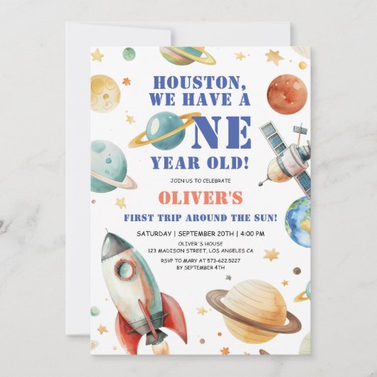 Houston We hebben een jaar oud! Ruimte 1e verjaard Kaart (Voorkant)