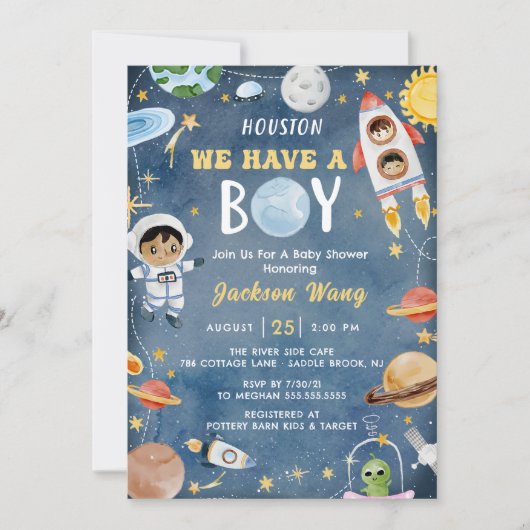 Houston We hebben een jongen buiten de ruimte Baby Kaart (Voorkant)