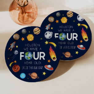 Houston We hebben een vier jaar oud 4e verjaardags Papieren Bordje