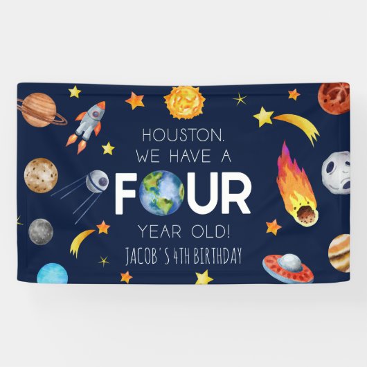 Houston We hebben een vier jaar oud 4e verjaardags Spandoek (Horizontaal)