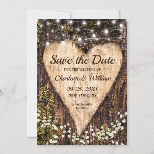 Hout Bark Baby Breath Heart Rustic Wedding Save The Date (Voorkant)