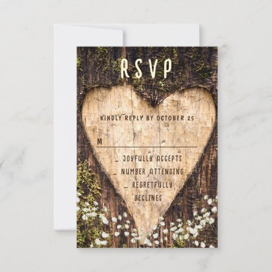 Hout Bark Heart Rustic Wedding RSVP Kaartje (Voorkant)