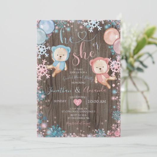 Hout Beer Gender onthullen Hij of zij Snowflake Kaart (Staand voorkant)