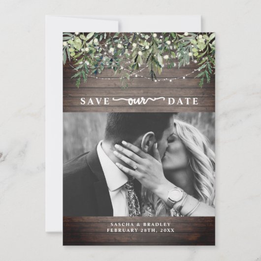 Hout Botanical String Lights Photo Wedding Save The Date (Voorkant)