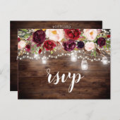 Hout Bourgogne Bloemen Mason Jar String Lights RSV Uitnodiging Briefkaart (Voorkant / Achterkant)