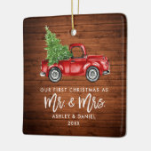 Hout Brush Script Red Truck First Kerstmis Sq Keramisch Ornament (Links)