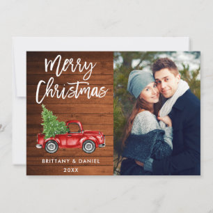Hout Brush Script Truck Couple Photo Kerstmis Feestdagenkaart