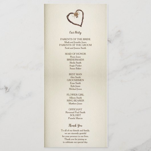 Hout, Burlap & Twine hart bruiloft programma (Achterkant)