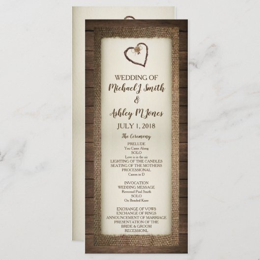Hout, Burlap & Twine hart bruiloft programma (Voorkant / Achterkant)