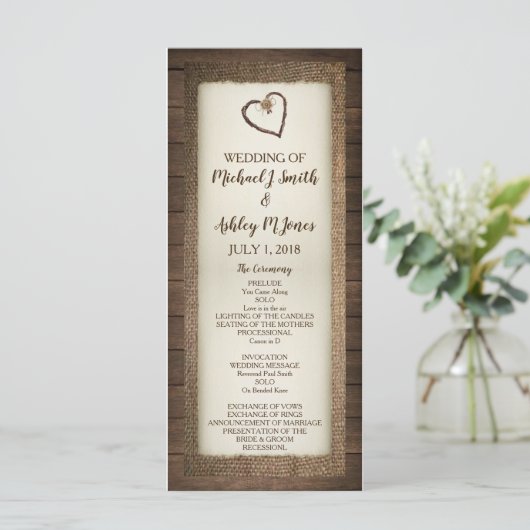 Hout, Burlap & Twine hart bruiloft programma (Staand voorkant)