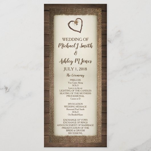 Hout, Burlap & Twine hart bruiloft programma (Voorkant)