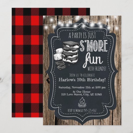 Hout Chalkboard Rustic S'mores Party Birthday Kaart (Voorkant / Achterkant)