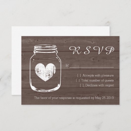 Hout country chic mason jar RSVP trouwkaarten (Voorkant / Achterkant)