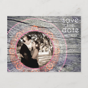 Hout - Custom Save the Date - Coral+Fushia Aankondigingskaart