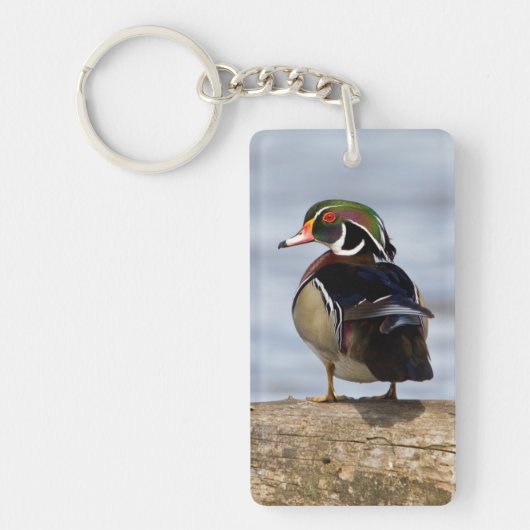 Hout Duck man op log in wetland Sleutelhanger (Voorkant)