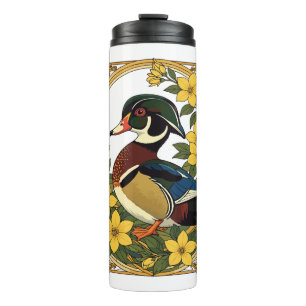 Hout Eend Aix sponsa en Jasmin Bloemen Illustratie Thermosbeker