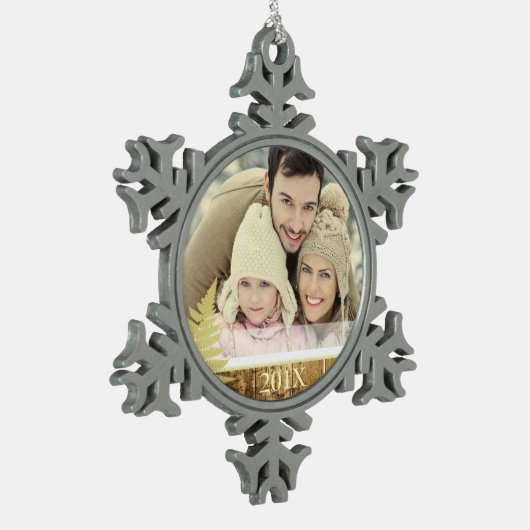 Hout en Gold Fern Aangepaste fotoversiering Tin Sneeuwvlok Ornament (Links)