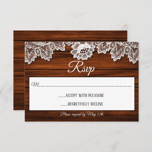 Hout en Kant Rustieke Bruiloft RSVP Kaart (Voorkant / Achterkant)