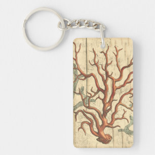 Hout en klein koraal sleutelhanger