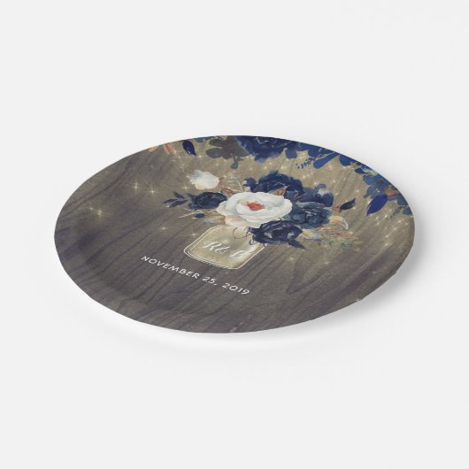 Hout en Marine Bloemen Mason Jar Bruiloft Papieren Bordje (Gekanteld)