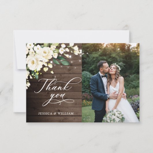 Hout en witte rozen Floral Lantern Foto Bedankkaart (Voorkant)