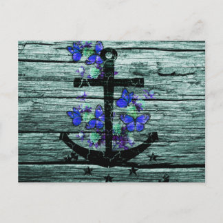 hout en zwarte anker met blauwe vlinders briefkaart