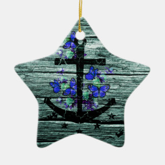  hout en zwarte anker met blauwe vlinders keramisch ornament