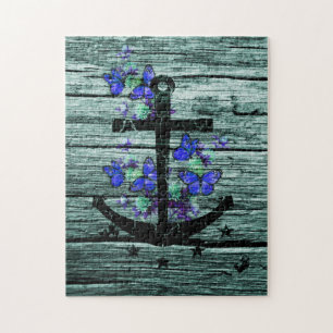  hout en zwarte anker met blauwe vlinders legpuzzel