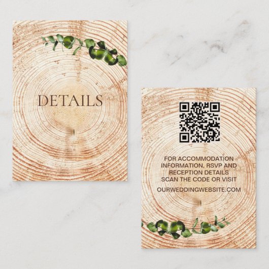 Hout Gesneden plak groen Bruiloft Details QR-code Informatiekaartje (Voorkant / Achterkant)