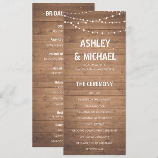 Hout Graan en String Lights Trouwprogramma Programma (Voorkant / Achterkant)