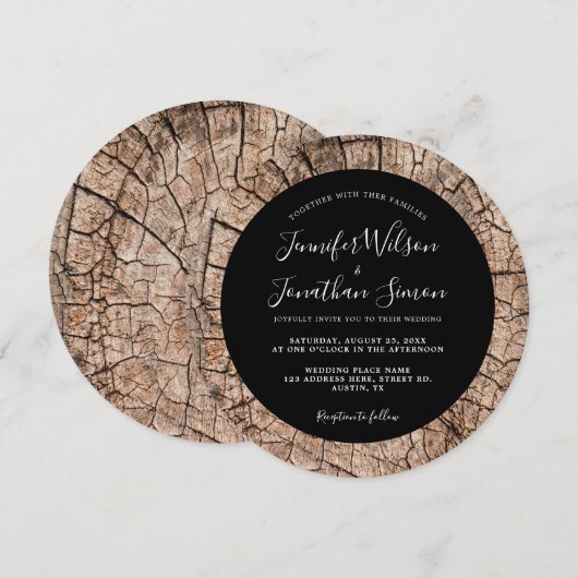 Hout Grain Rustic Wedding Boho Black Uitnodiging (Voorkant / Achterkant)