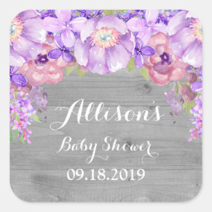 Hout Gray Lavender Paars Floral Baby shower Label