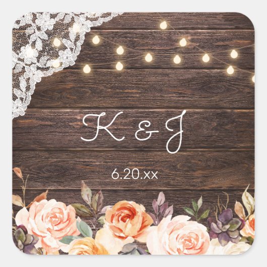Hout Jean Lace, Blush & Peach Floral Monogram Vierkante Sticker (Voorkant)