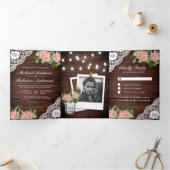 Hout Kant Stoffig Roze Rood String Lights Bruiloft Drieluik Uitnodiging (Binnen)