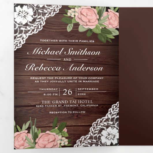 Hout Kant Stoffig Roze Rood String Lights Bruiloft Drieluik Uitnodiging (Binnenzijde eerst)