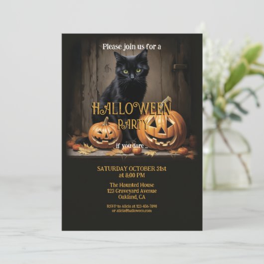 Hout Kat en Pompoen Halloween Kaart (Staand voorkant)